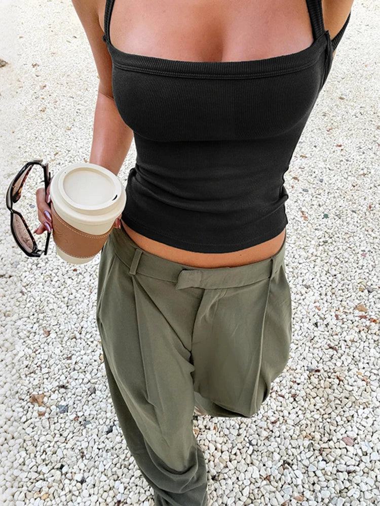 Ribbed Casual Tank Tops Woman Low-Neck Cross Strap Skinny Backless Navel Exposed Hot Girls High Street Style Classic Tops
