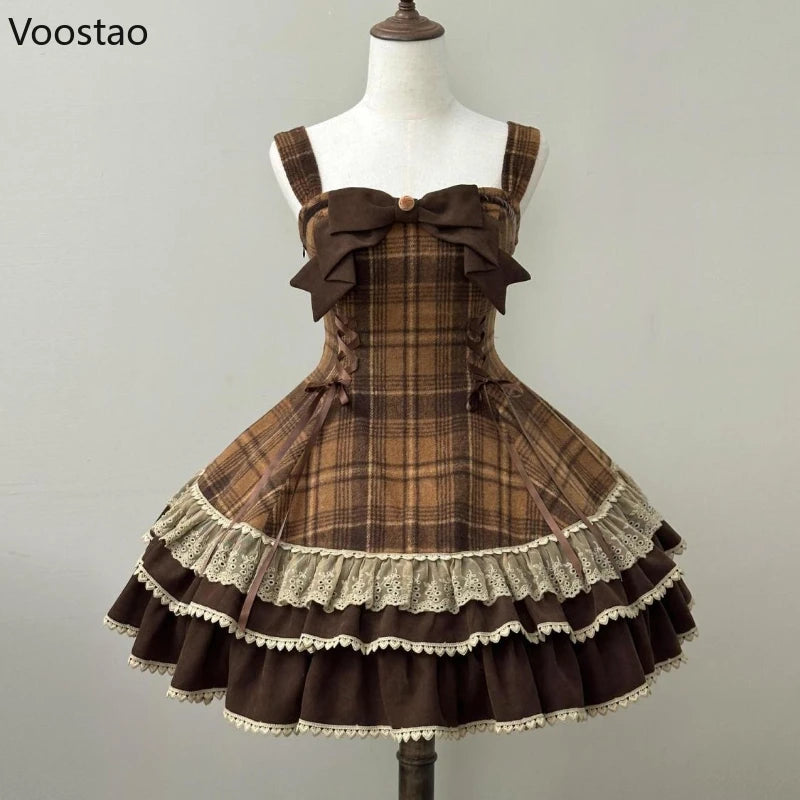 Lace Bow Peter Pan Collar Cloak Top Plaid Mini Dress Set