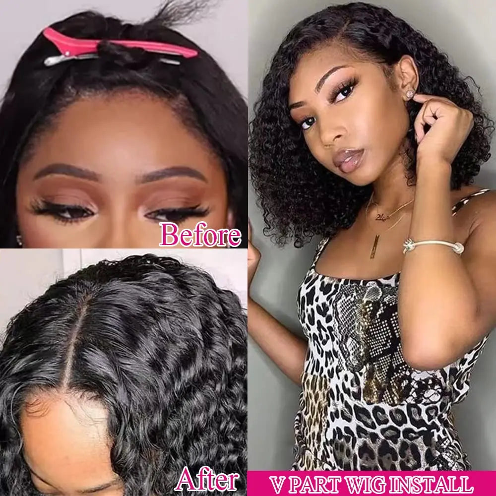 V Part Bob Wig Kinky Curly Human Hair Wig