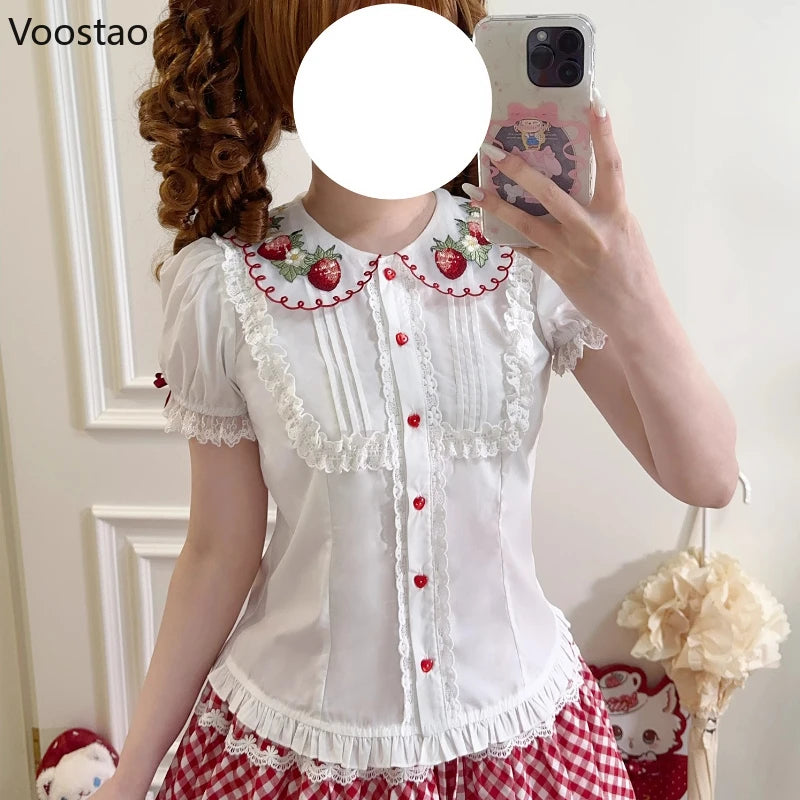 Peter Pan Collar Strawberry Embroidery Blouse