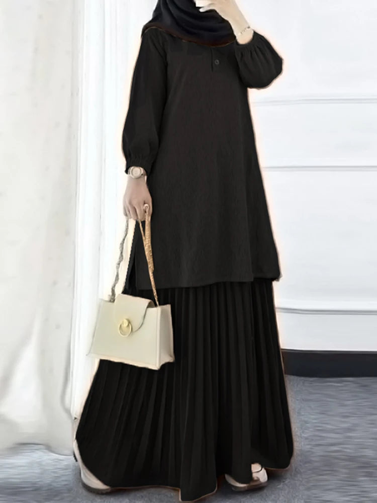 ZANZEA Autumn Muslim Two Piece Sets Women Outfits Casual Long Sleeve Long Tops Dress Sets Abaya Suit Dubai Hijab Tracksuit 2025