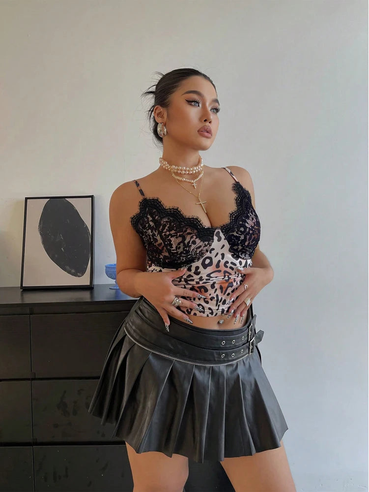 Leopard Lace Splicing Bowknot Camisole Top
