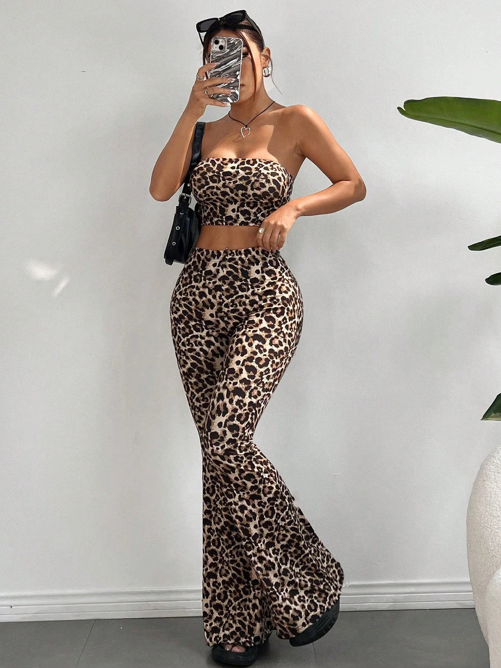 Leopard Print Slim Fit Short Crop Top with Flared Pants Long Trousers Set
