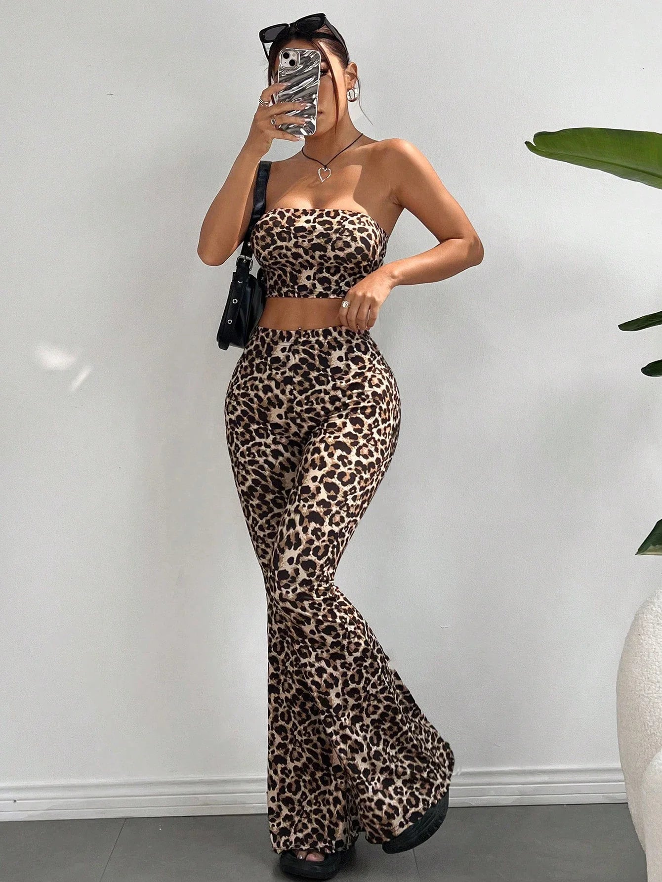 Leopard Print Slim Fit Short Crop Top with Flared Pants Long Trousers Set