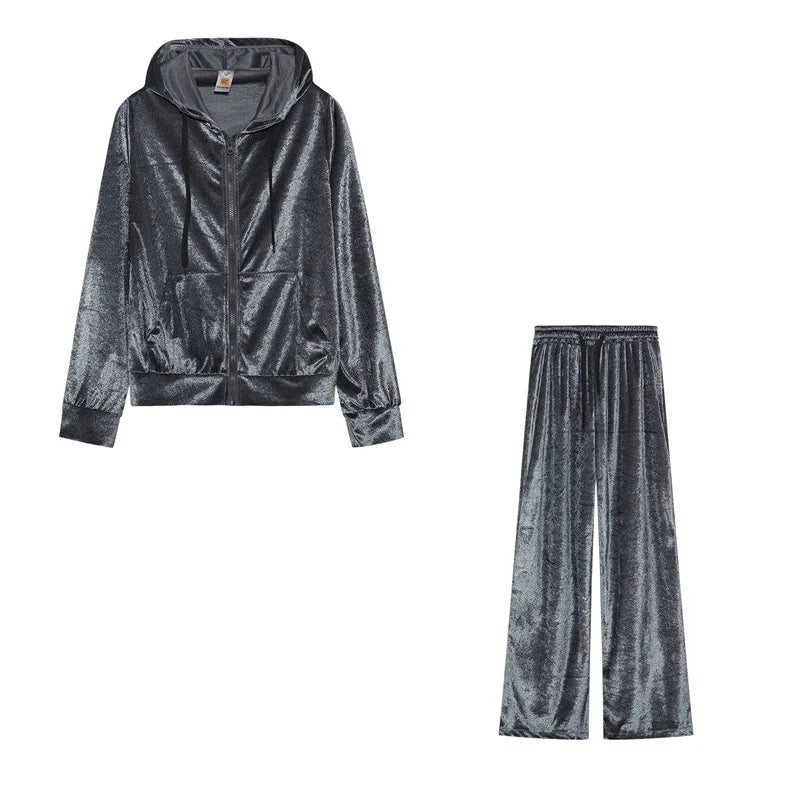 Women's Two Piece Tracksuit with Rhinestone Design, Casual Lounge Set, Sparkling Letter Hoodie and Pants