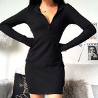 Solid Zipper Deep V-Neck Dress