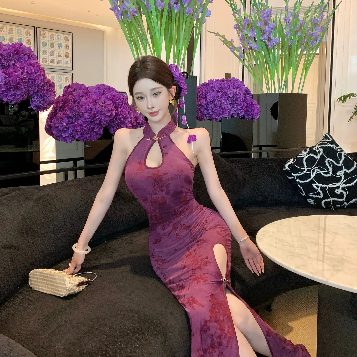 Velvet  Dress with Lace Design