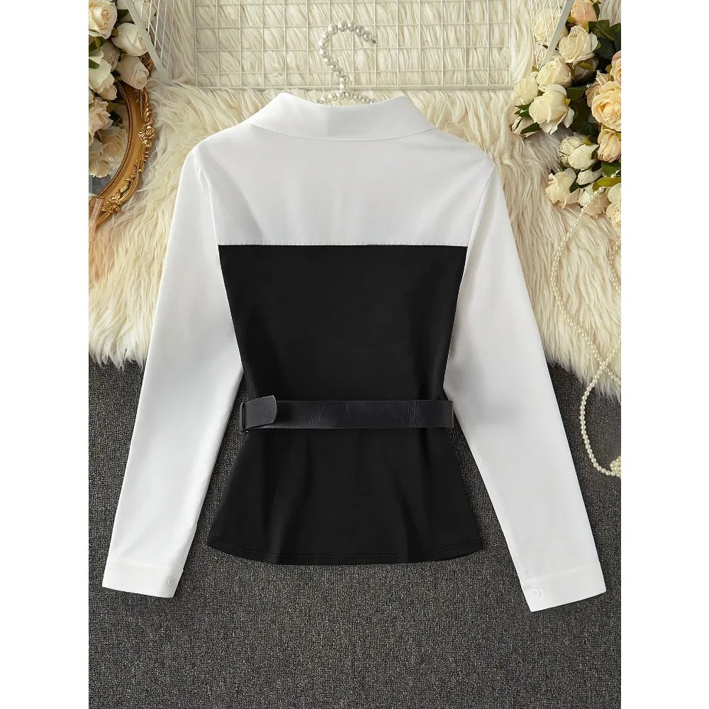 Two Tone Peplum Belted Shirt