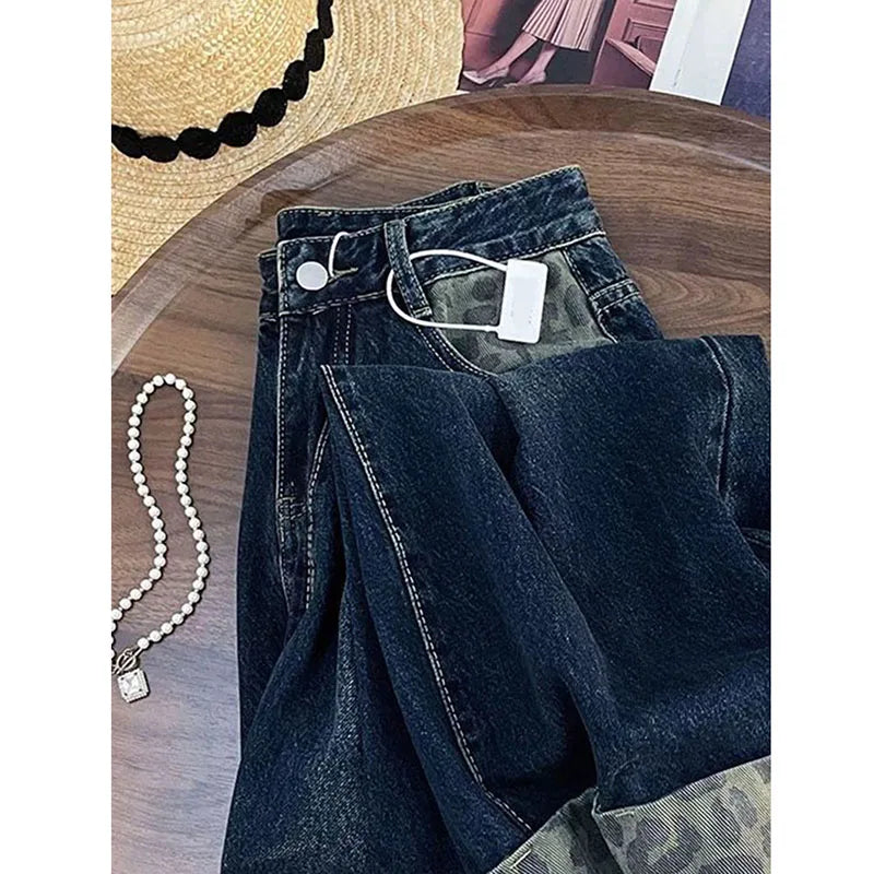 Leopard Print Patchwork Wide Leg Jeans