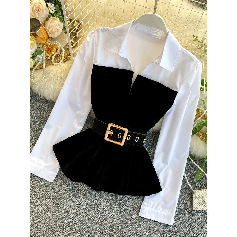 Two Tone Peplum Belted Shirt