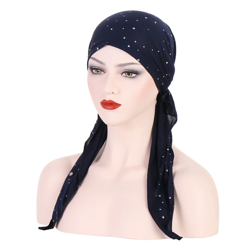 Shiny Glitter Elastic Solid Color Pre-Tied Hijabs Wrap Head Scarf Muslim Turban Bonnet for Women Inner Hat Turbantes Caps Mujer