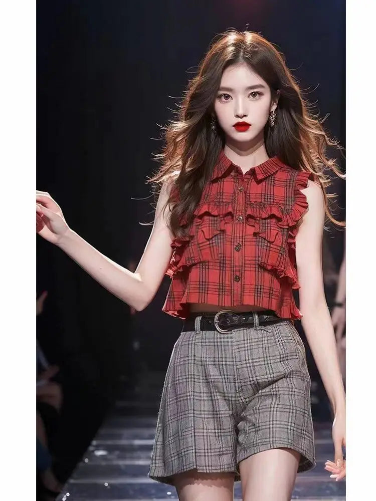 Plaid Ruffles Patchwork Crop Top
