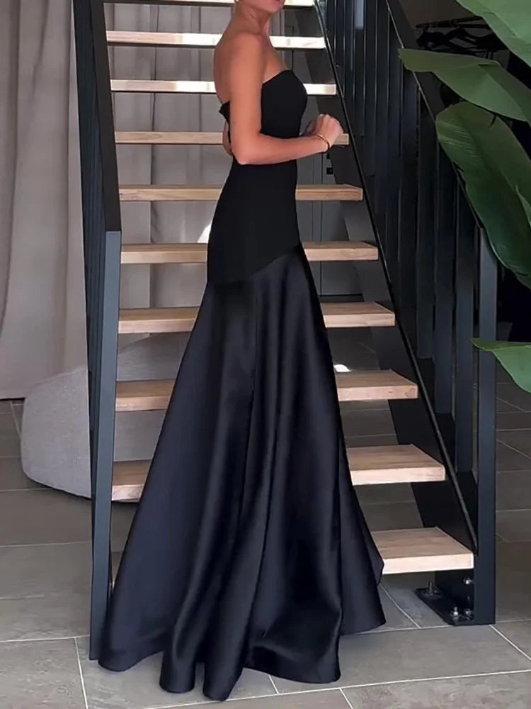 Strapless Drop-Waist Satin Maxi Gown