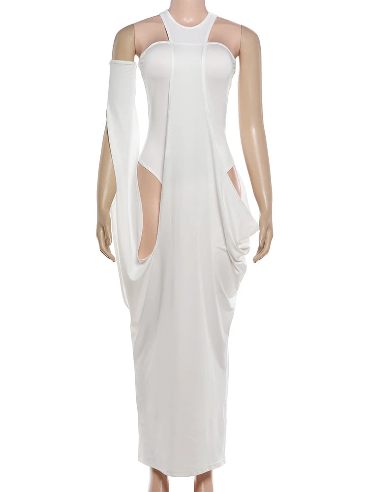 Kliou Wrap Chest Backless Skinny Bodysuits + Irregular Hollow Halter Long Dress Set