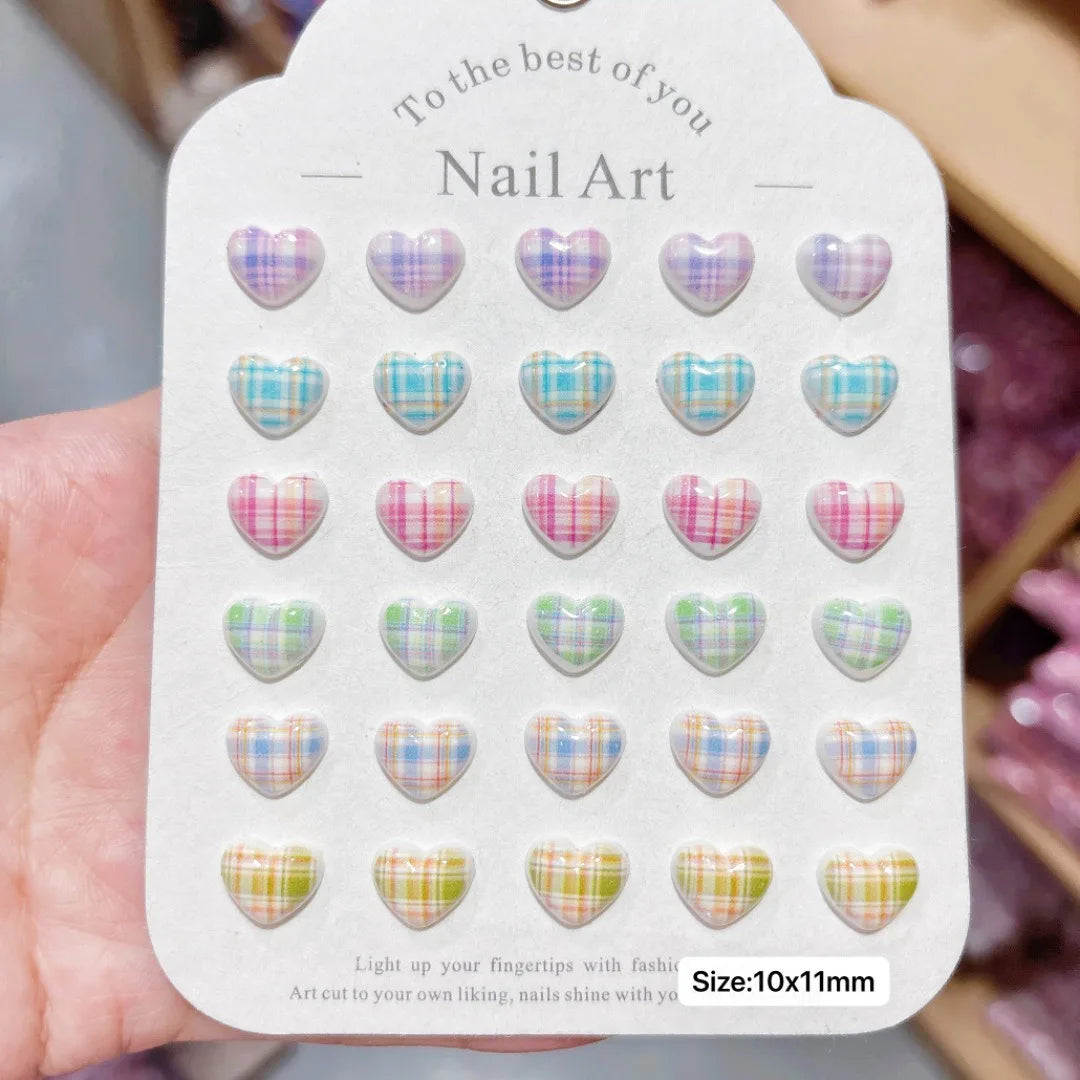 100Pcs 10×11mm Heart Plaid Nail Charms - 3D Sweet Girl Nail Art, Lovely Press-On Nail Decor for DIY Kawaii Manicures