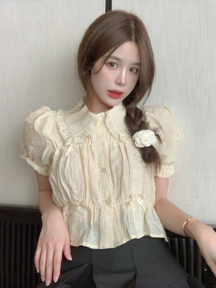 Puff Short Sleeve Button Down Shirt with Ribbon Bows