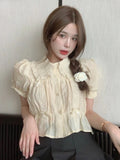 Puff Short Sleeve Button Down Shirt with Ribbon Bows