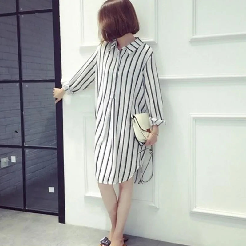 Long Sleeve Striped Printed Shirt Dress