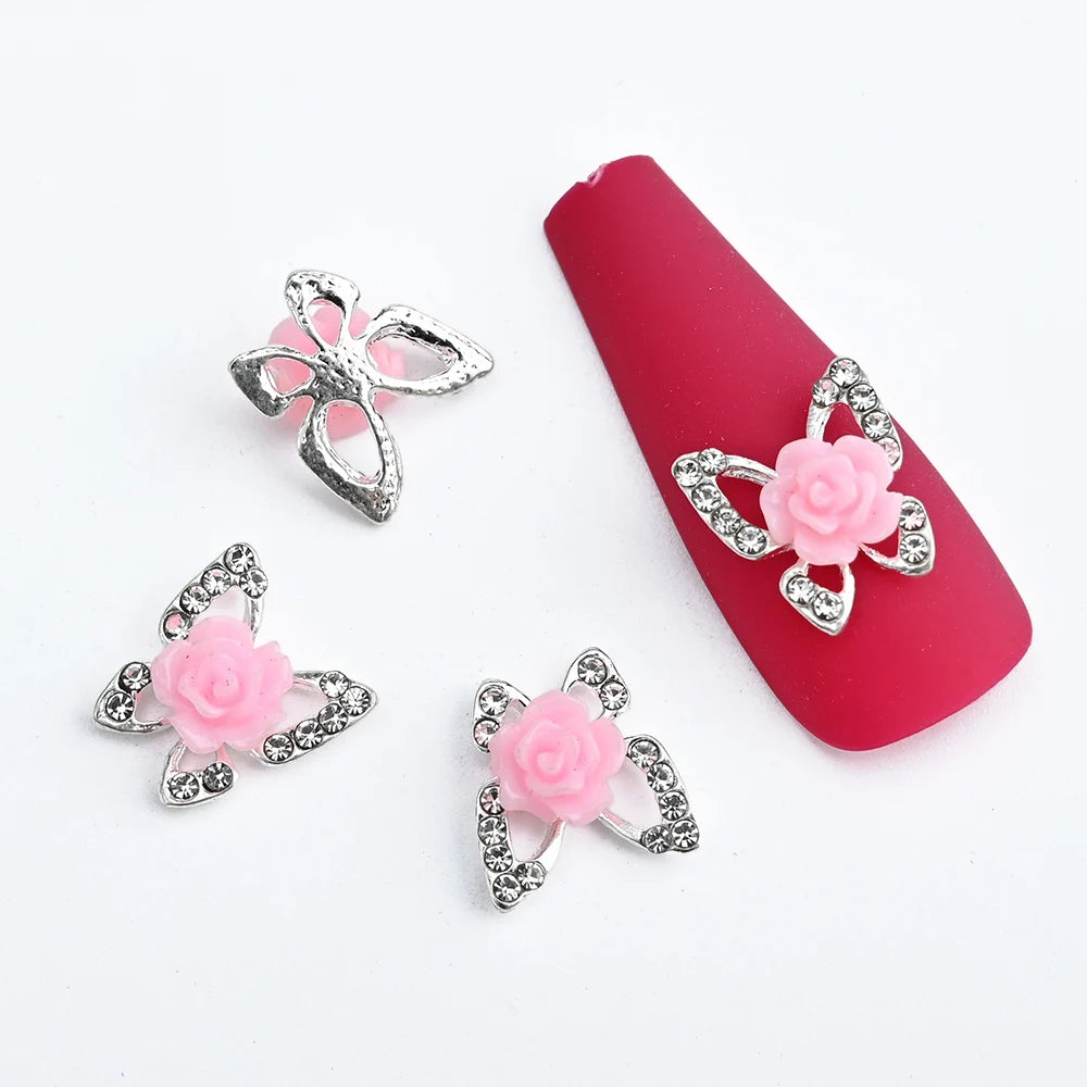 10Pcs Fairy Pink Zircon Nail Art 3D Charms Jewelry Butterfly Shaped Nail Crystal Alloy Decals 11*9mm Rhinestone Nail Decoration*