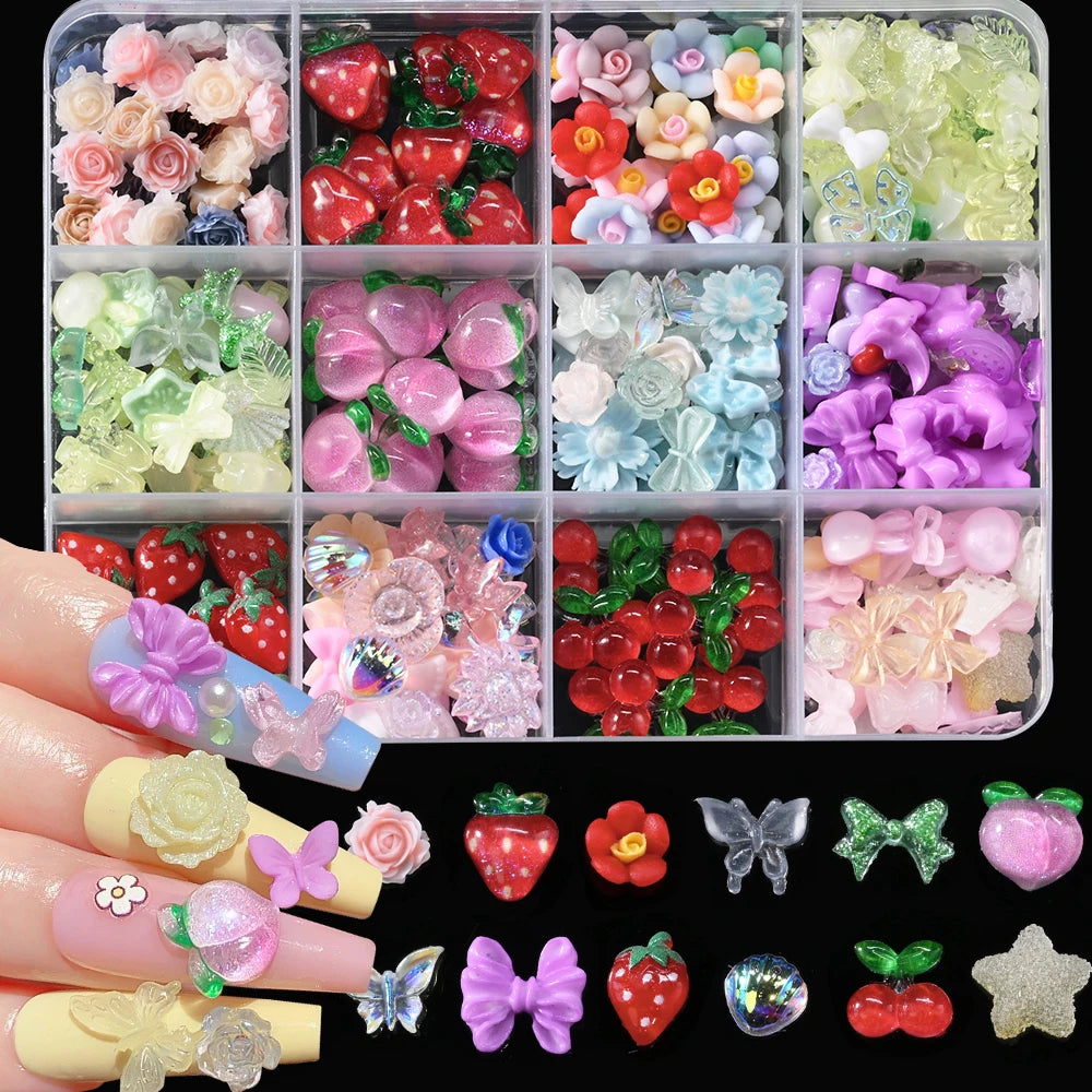 1Box 3D Resin Candy Color Bow Nail Art Charms Cartoon Rabbit /Lollipop/Fruit Nail Art Decorations Kawaii Bowtie Nail Suppies U7#