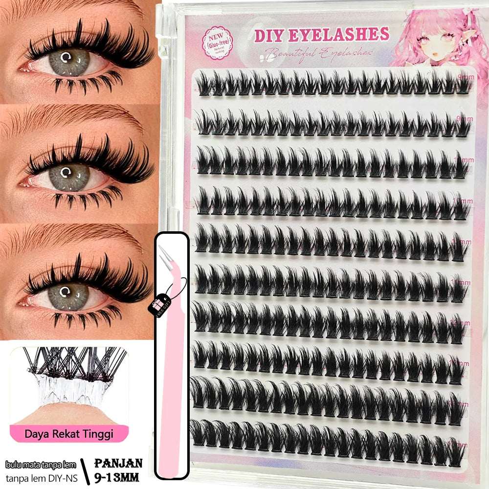 10 Rows of 200 Clusters of Self-Adhesive False Eyelashes, Makeup Eyelashes, Extending Soft Eyelashes, 9-13mm (MIX)
