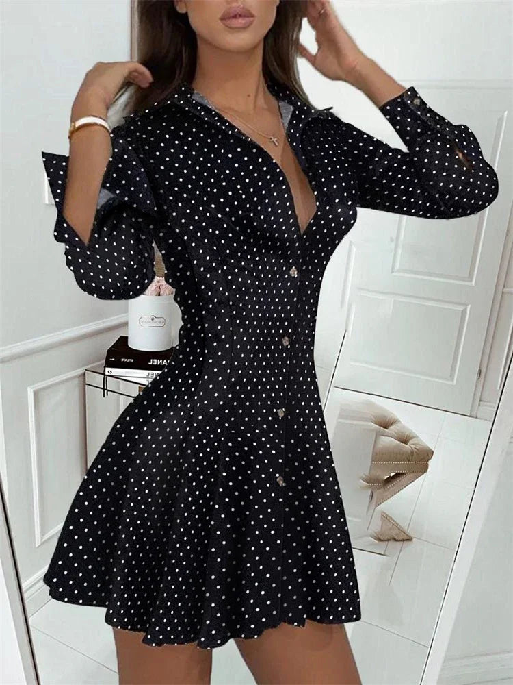 Polka Dot Print Button Front Long Sleeve Shirt Dress