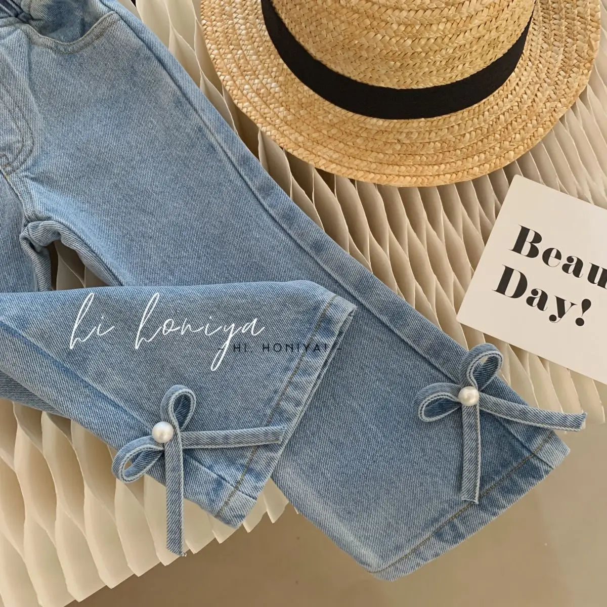 Denim Pants with Pearl Bow Detail