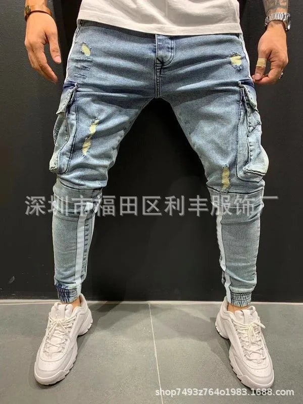 メンズ ジーンズ デニム アンクル丈 ペンシルパンツ ミッドウエスト ダメージ シースポケット スリム ハイストリート パッチワーク 微ストレッチ ウォッシュ加工