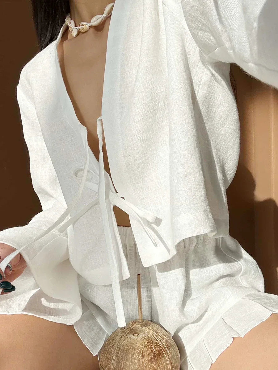 Lace Up Long Sleeves Shorts Set