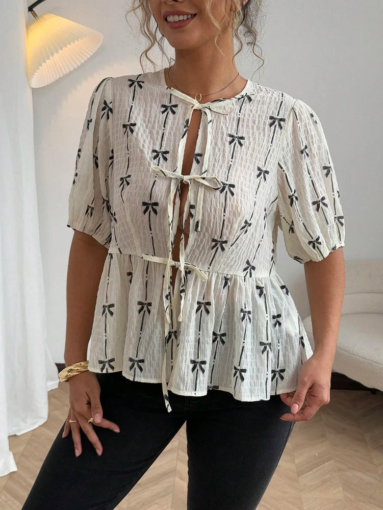 Butterfly Knot Pattern Bubble Sleeve Tie Shirt