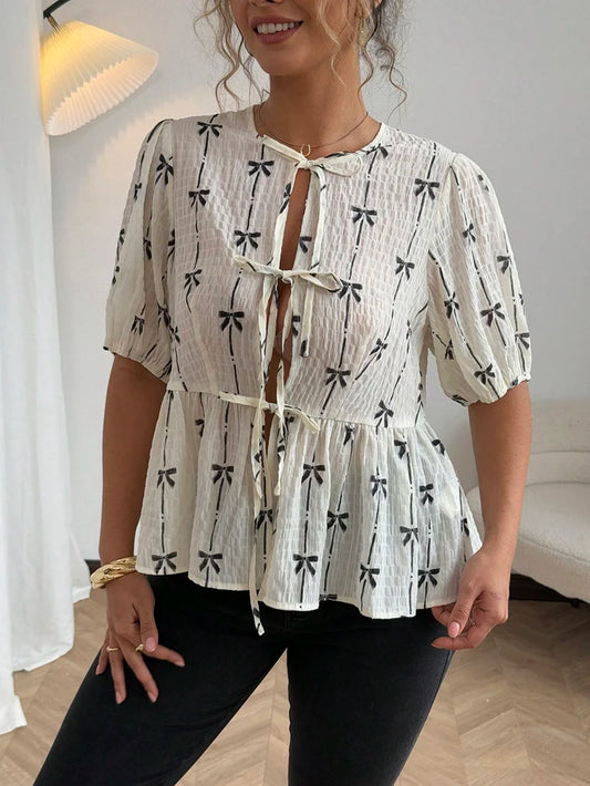 Butterfly Knot Pattern Bubble Sleeve Tie Shirt