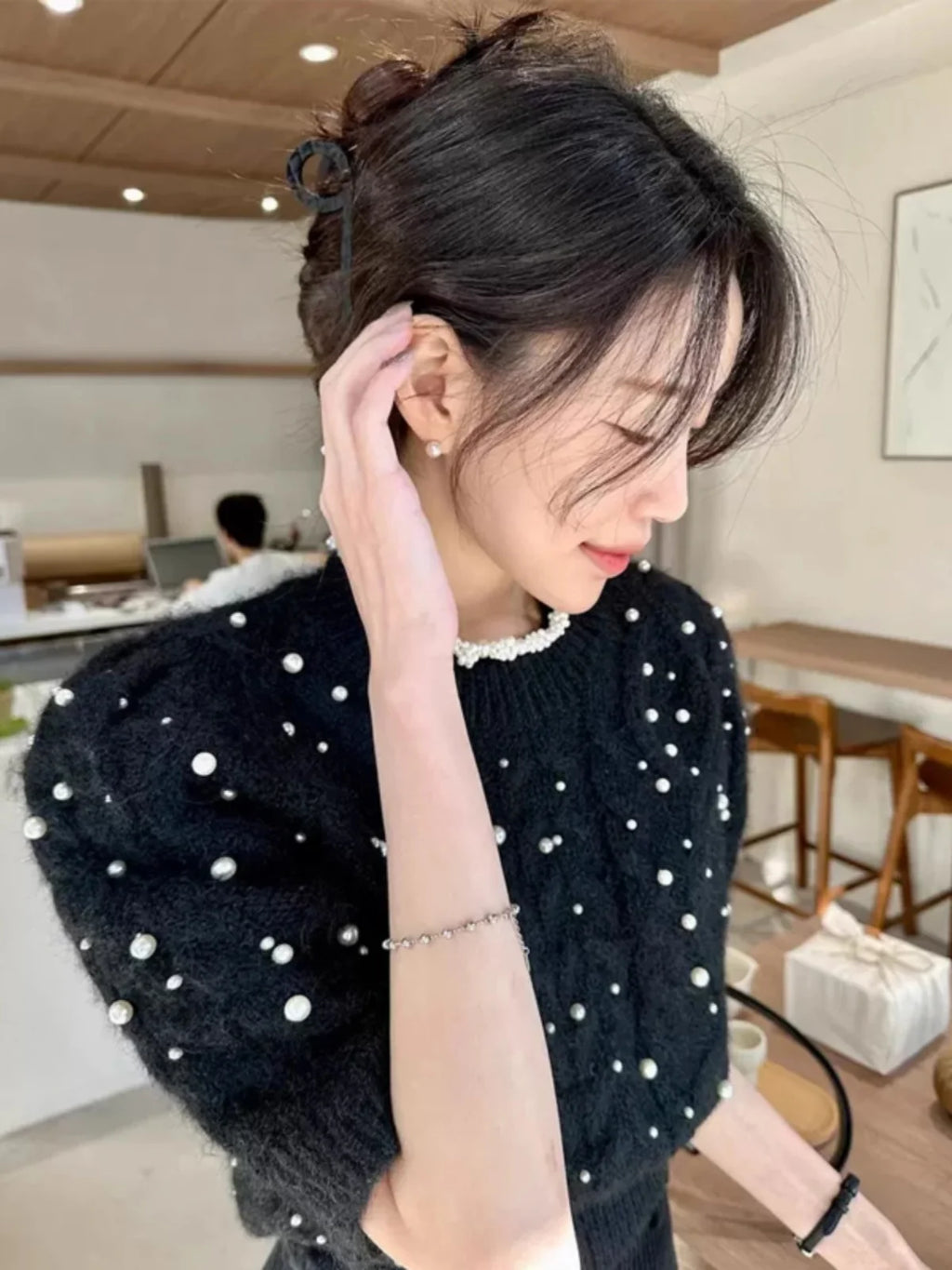 Bubble Sleeve Knitwear Round Neck Short Sleeve Sweater Top