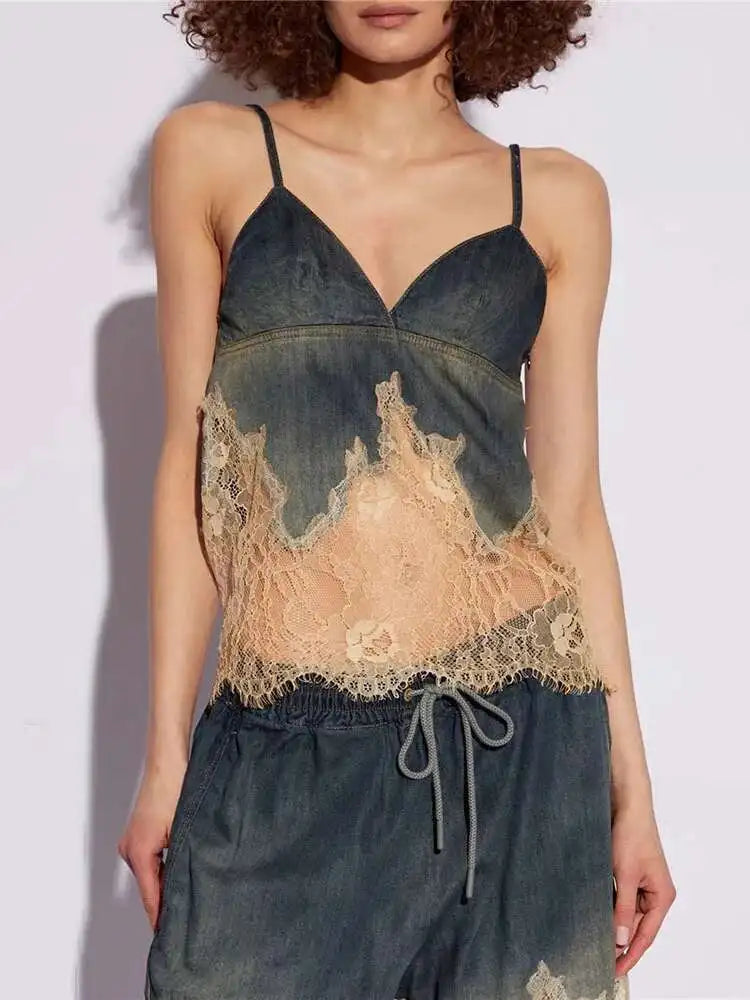DEAT 2 Pcs Set Denim Lace Backless Tank Tops High Waist Lace-up Pockets Knee Length Shorts