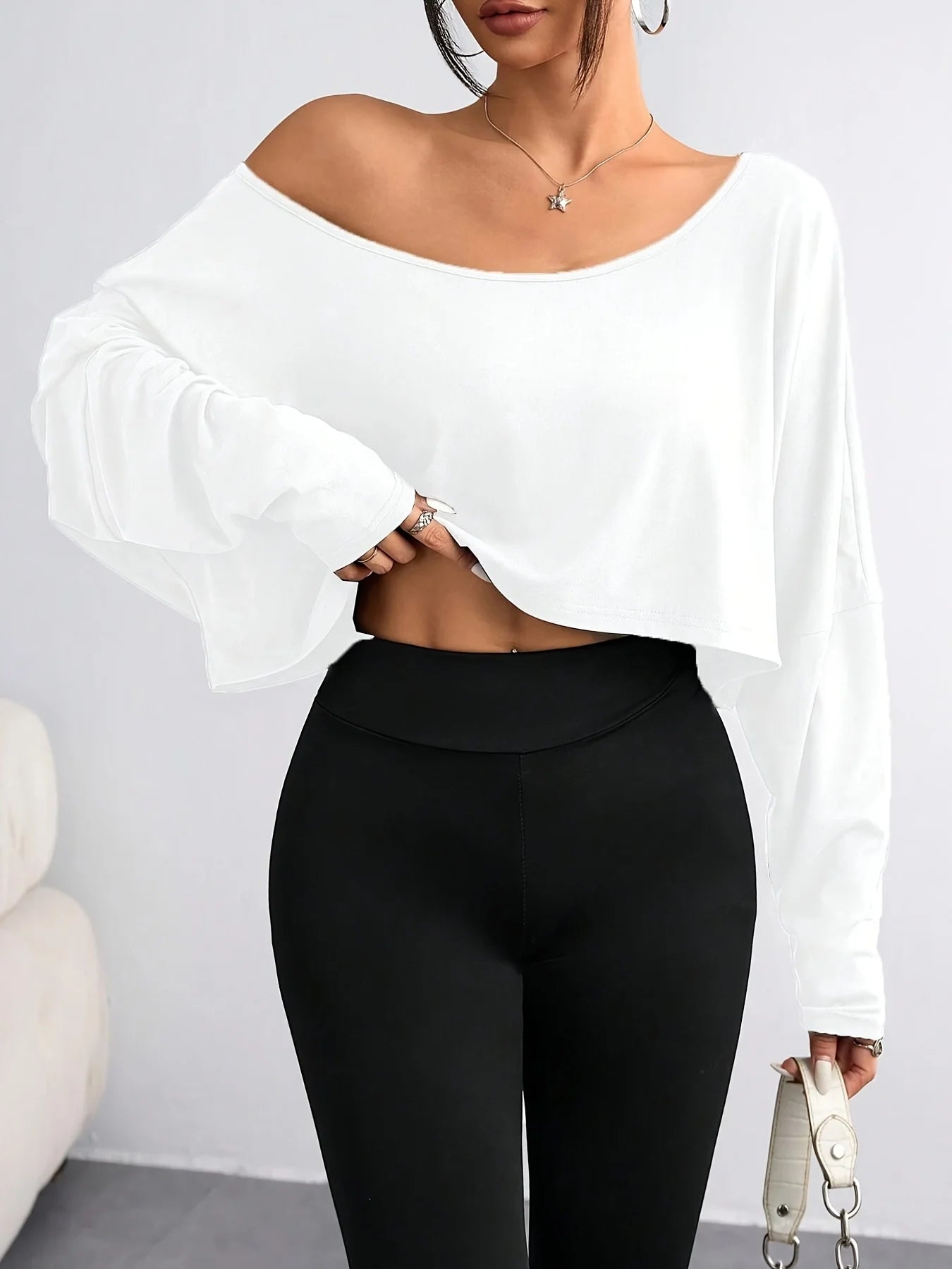 Off Shoulder Asymmetric Collar Long Sleeve Casual T-shirt Two Piece Set