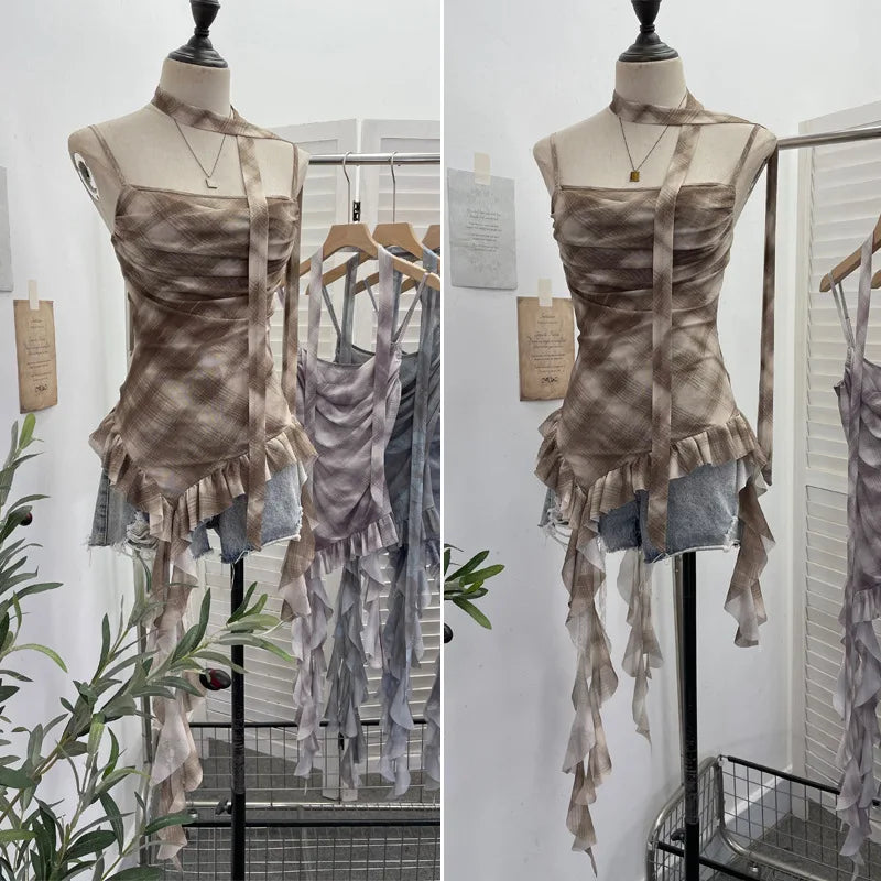 Plaid Printed Mesh Spaghetti Strap Camisole