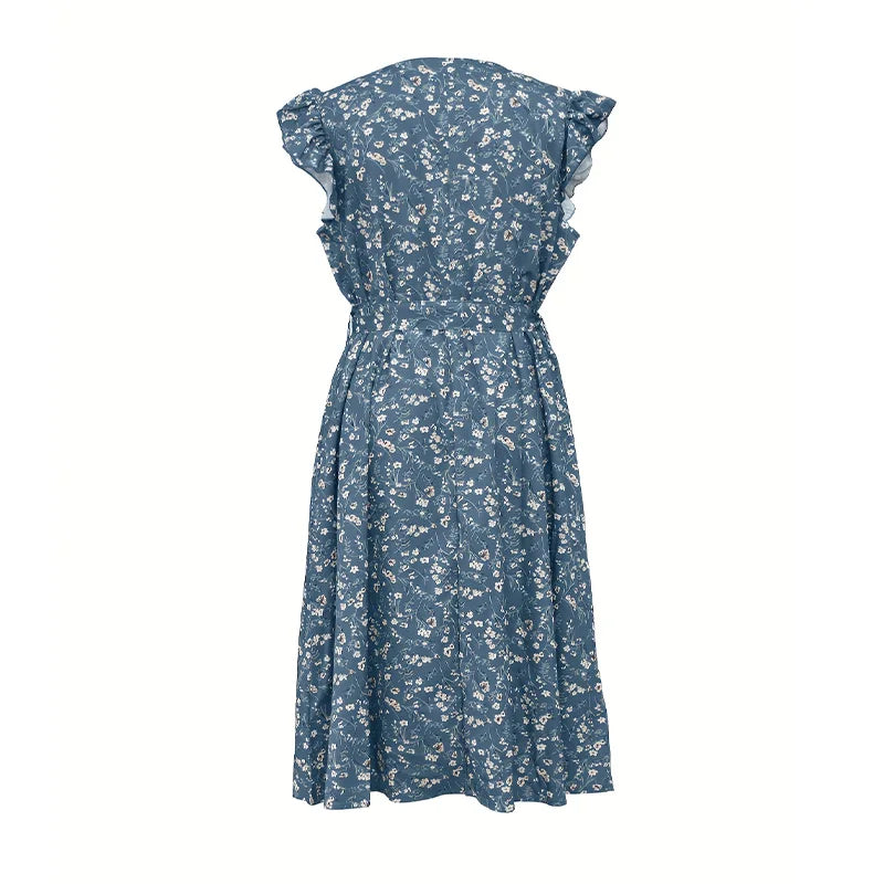 V-Neck Sleeveless Floral Print Dress with Ruffle Pockets