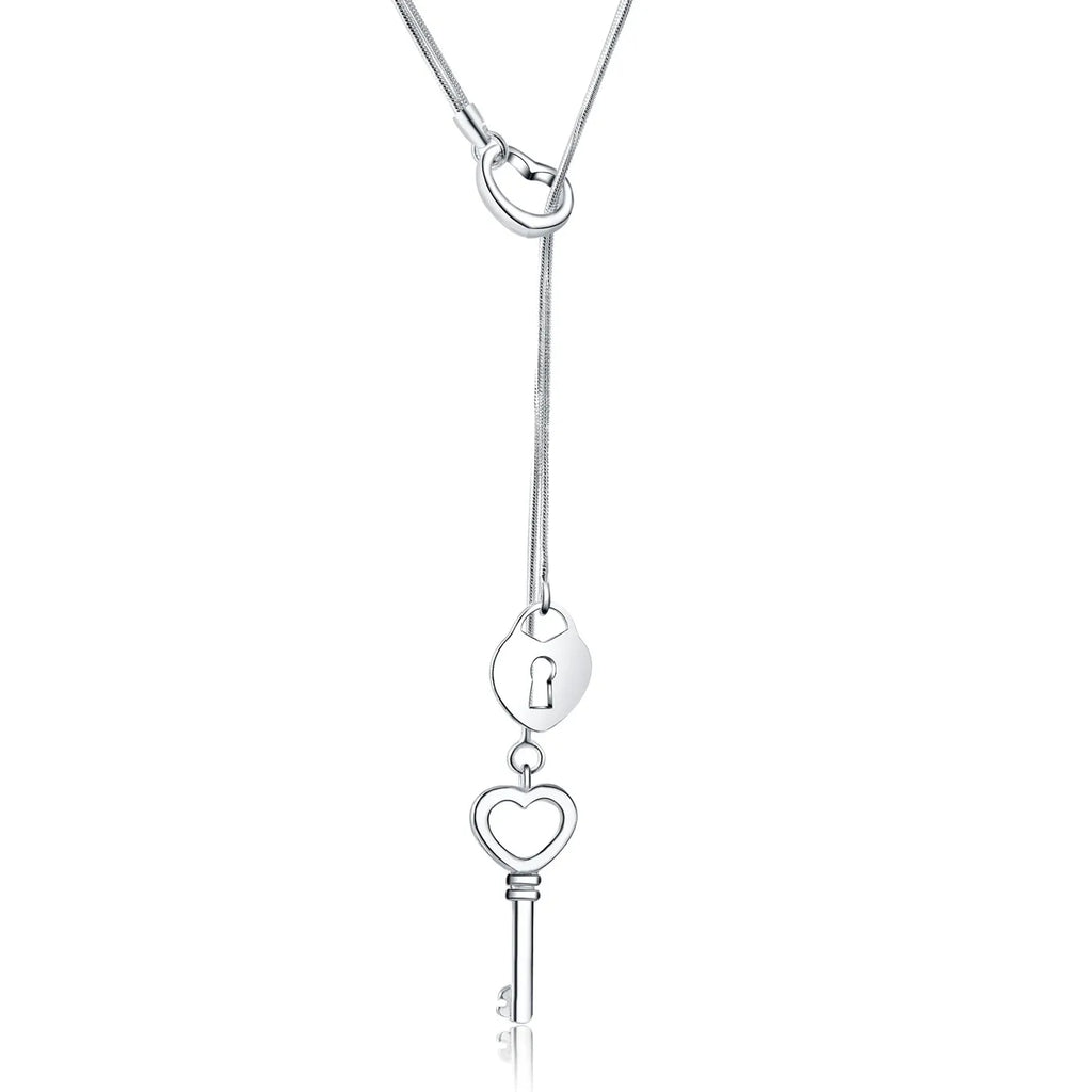 925 Sterling Silver Heart Lock Key Necklace