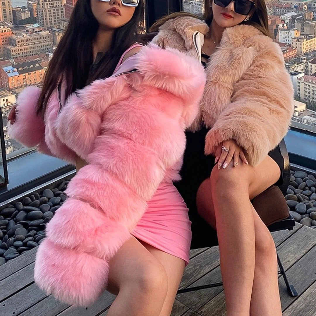 Women Faux Fox Fur Coats Short Work Fur Jackets Spliced Hooded Long Sleeves Thick Warm Fur Loose Y2k Casual 2025 Autumn Winter