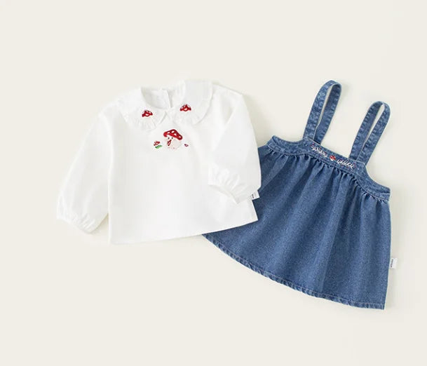 Solid Color Embroidered Denim Strap Skirt