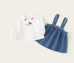 Solid Color Embroidered Denim Strap Skirt