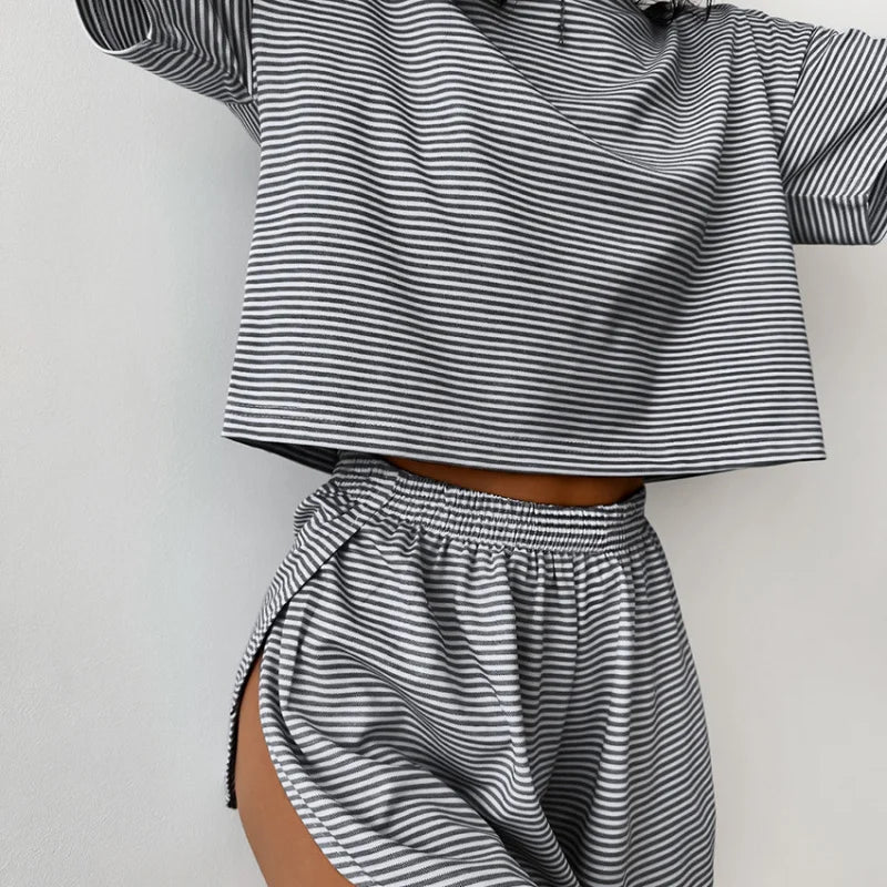 Knitting Stripes Pajamas Short Sleeve Shorts Set