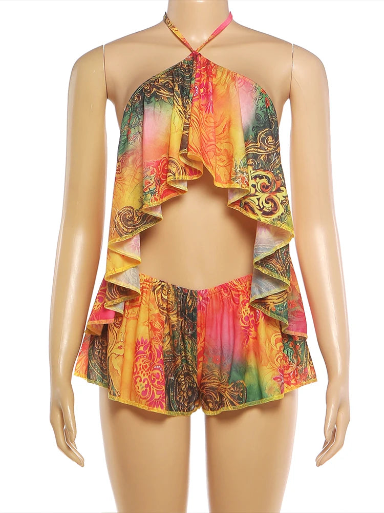 Halter Backless Ruffles Camisole Tops + Elastic Waist Shorts Set