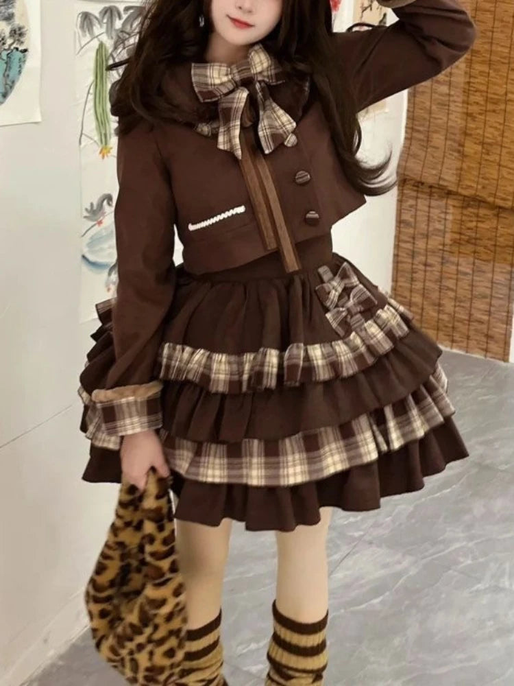 Brown Checkered Bow Coat + Cake Mini Skirt Set
