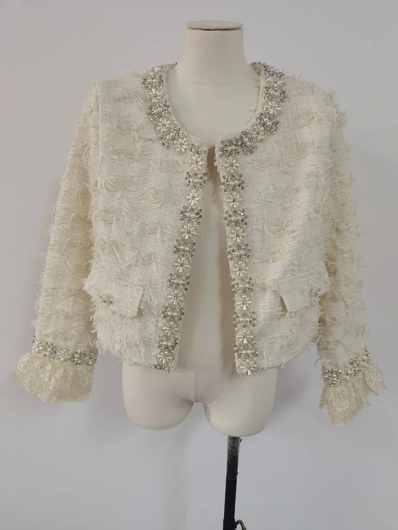 Pearl-Embellished Textured Tweed Crop Jacket