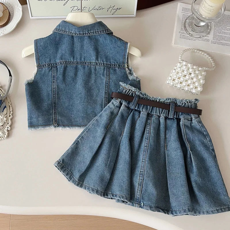 Sleeveless Fringed Vest and Pleated Skirt Denim Two-Piece Set