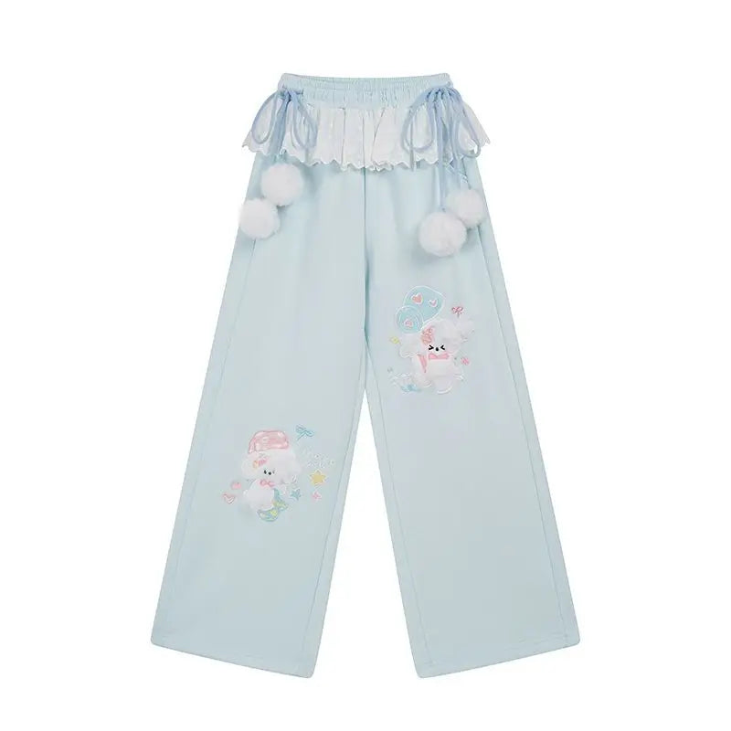 Cute Bunny Graphic Wide-Leg Lounge Pants – Grey with Pink Ribbons & Pom-Poms