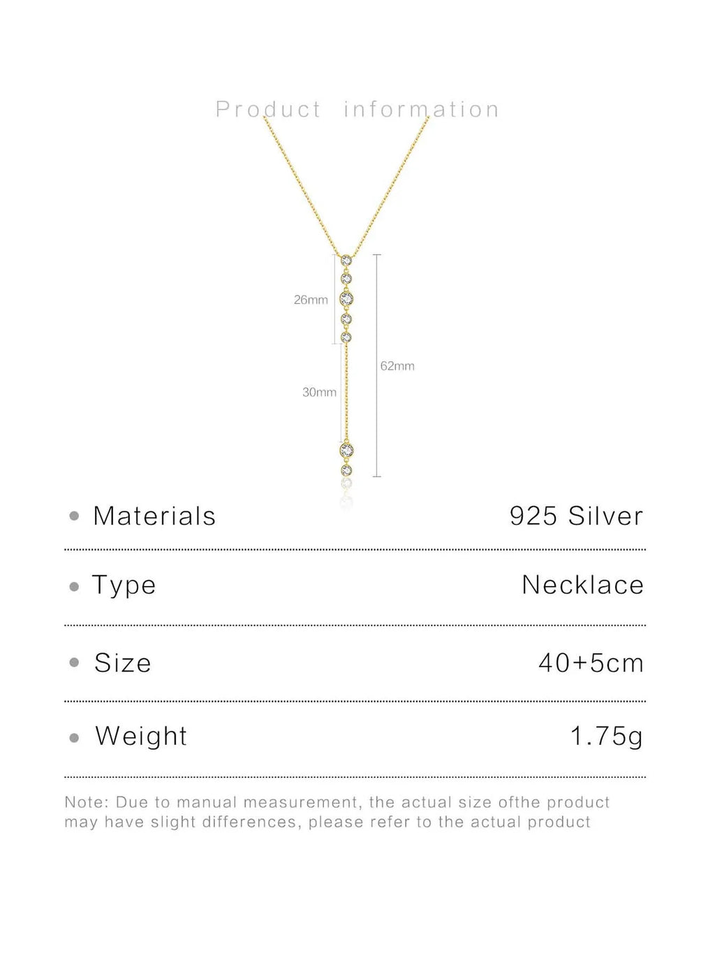 925 Sterling Silver Gold Round Long Pendant Chain Necklace