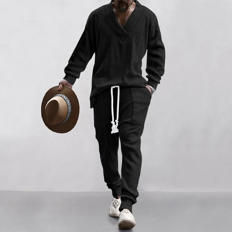 Casual Trousers V-Neck Versatile Jacquard Knitted Sweater Set