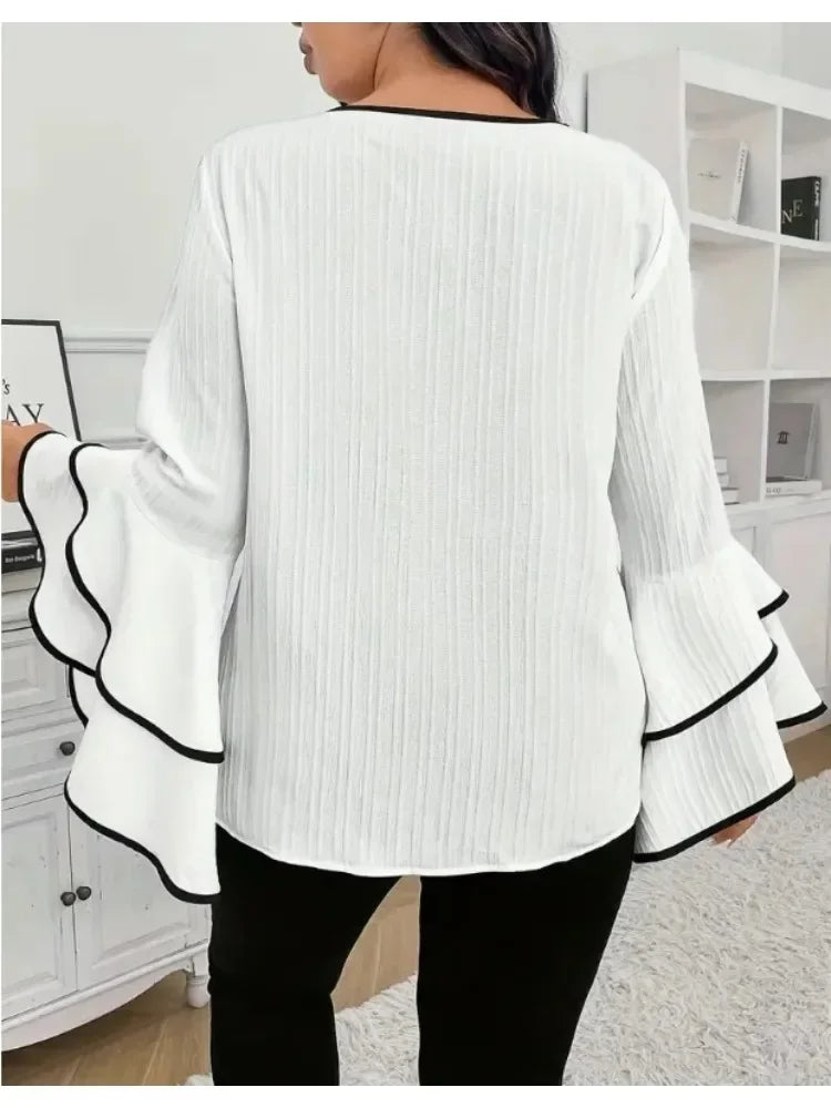 Loose Solid Color Crew-neck Flared Long-sleeved Top