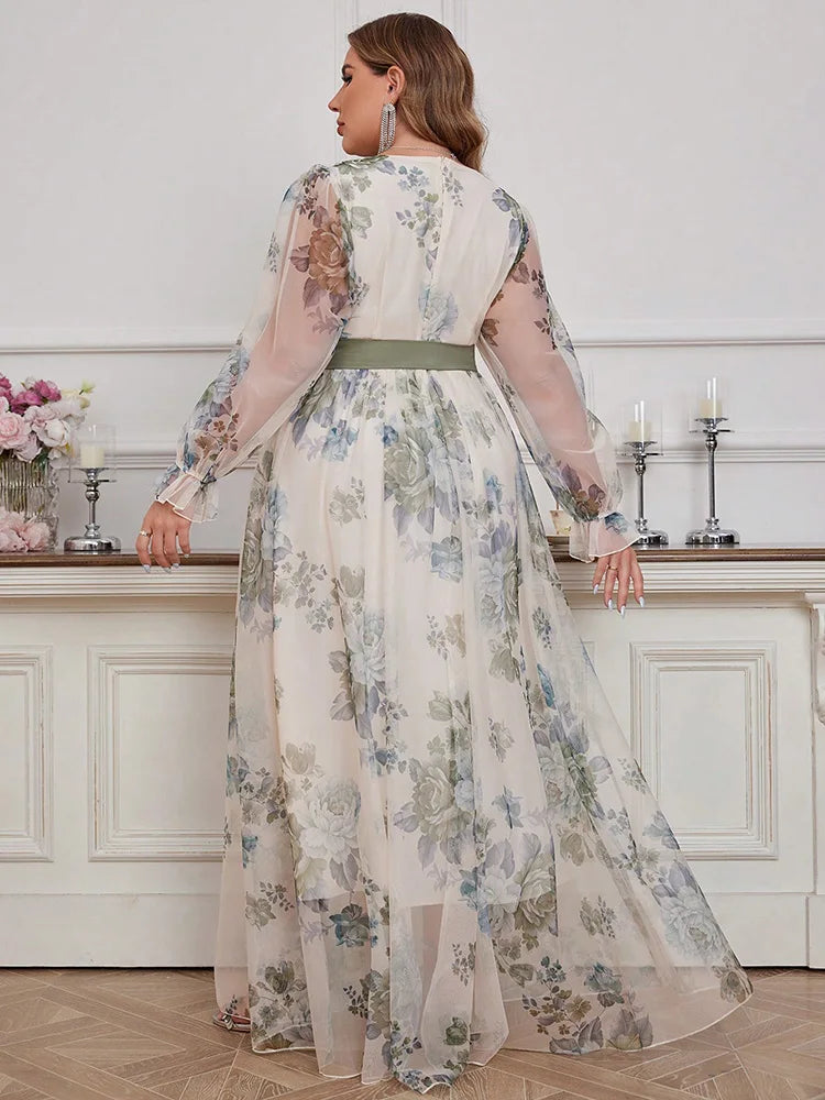 TOLEEN Floral Print V-Neck Spliced Mesh Dress